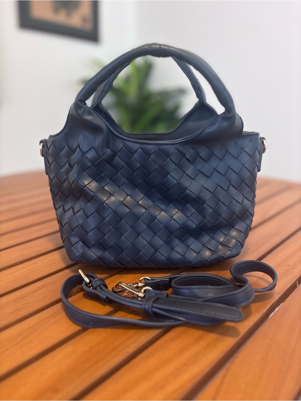 Woven Leather Handbag - Navy
